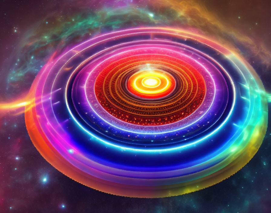 Colorful Abstract Cosmic Image with Swirling Galaxy and Bright Circles