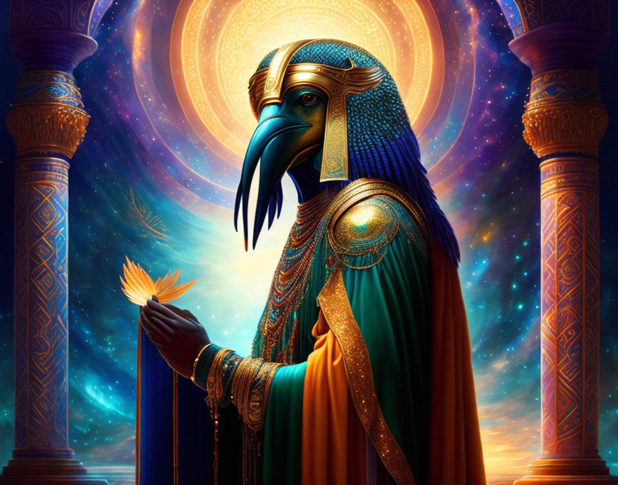 Illustration of humanoid figure with ibis head in Egyptian attire holding golden ankh