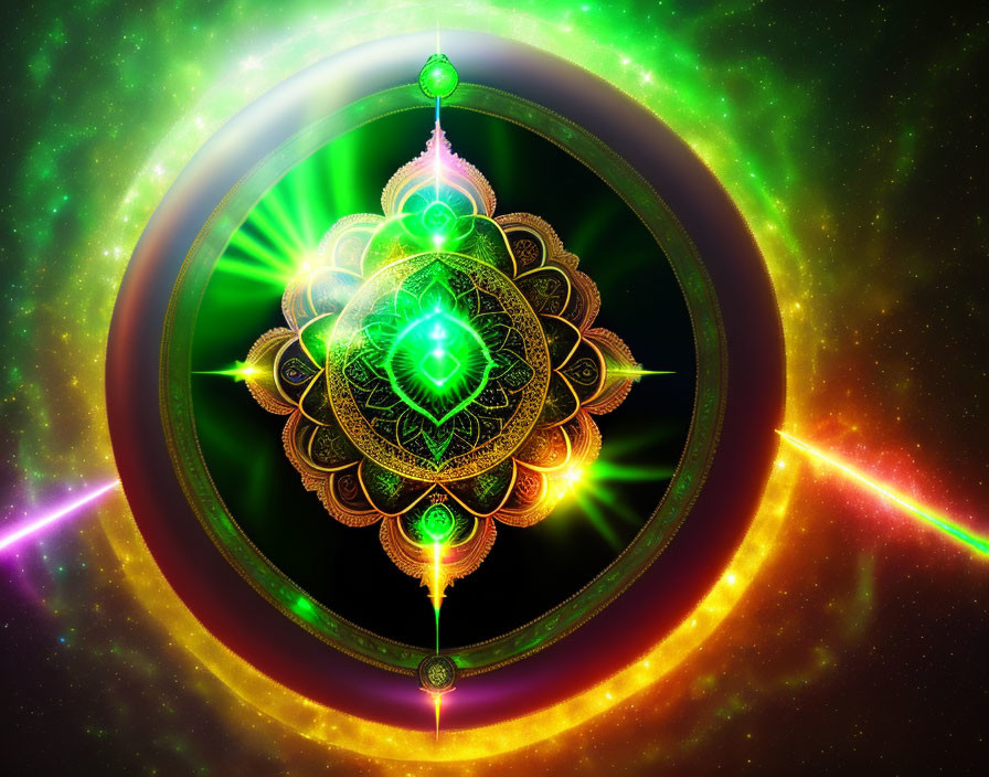 Colorful mandala patterns with green accents on cosmic backdrop