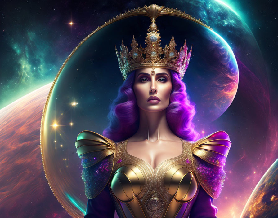 Majestic woman with violet hair in golden crown and armor against cosmic backdrop