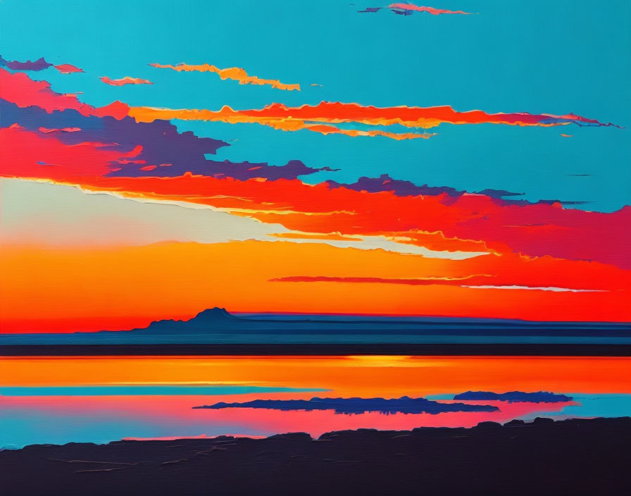 Colorful sunset painting with orange, red, and blue hues over calm water and wispy clouds