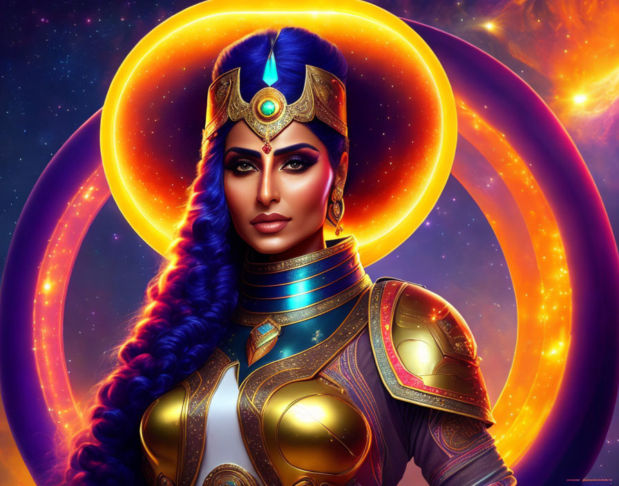 Digital artwork of woman in gold and blue armor with halo in cosmic setting