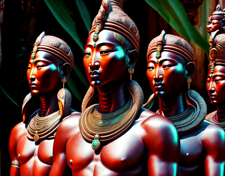 Vibrant statues of female figures in traditional attire against dark backdrop