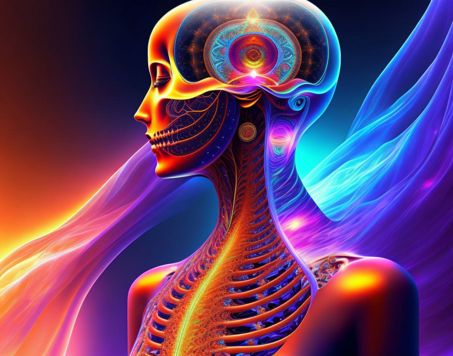 Vibrant human head and neck artwork with inner anatomy and chakra patterns