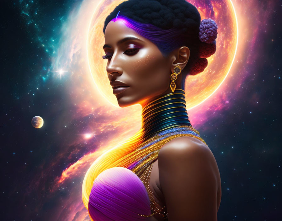 Celestial-themed woman art with vibrant colors and space elements