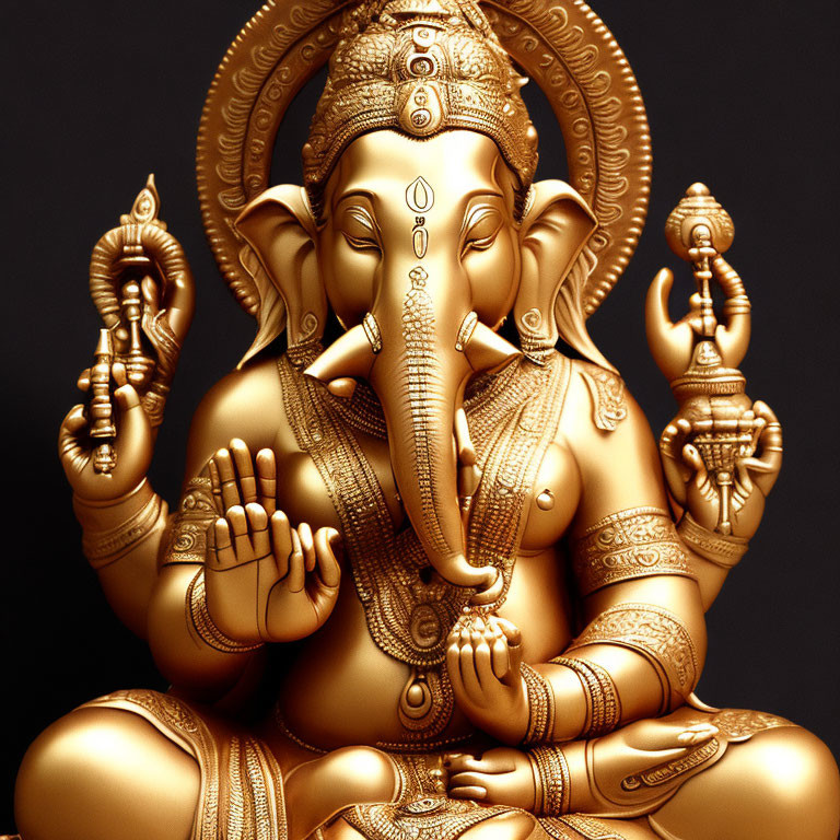 Golden Lord Ganesha Statue Seated with Four Arms