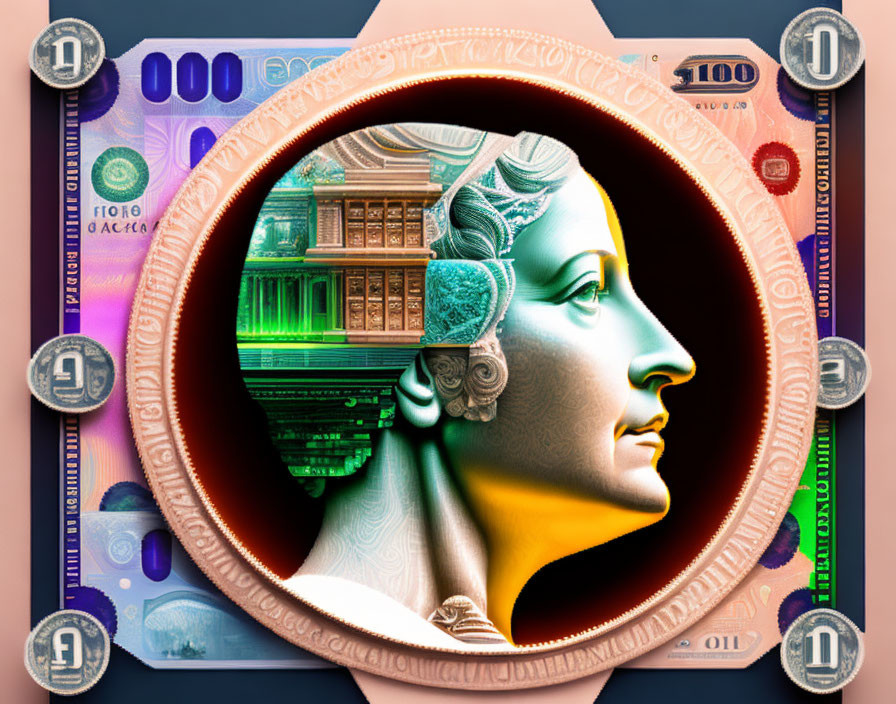 Classical statue profile merges with circuit board and currency symbols