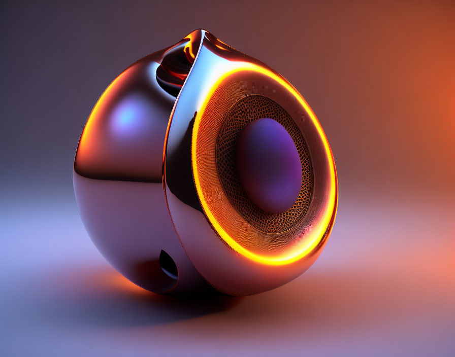 Glowing orange accented spherical speaker on blue-orange gradient backdrop