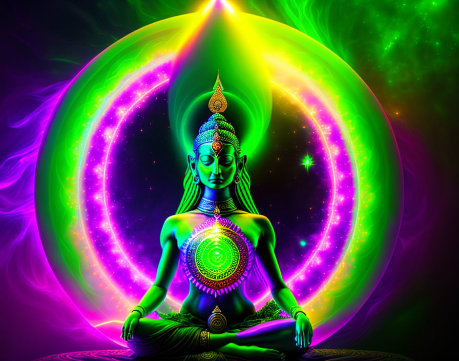 Colorful digital artwork: Meditating figure with illuminated chakras in cosmic setting