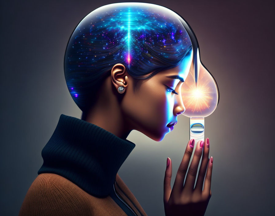 Cosmic-themed digital artwork featuring woman with creative brain