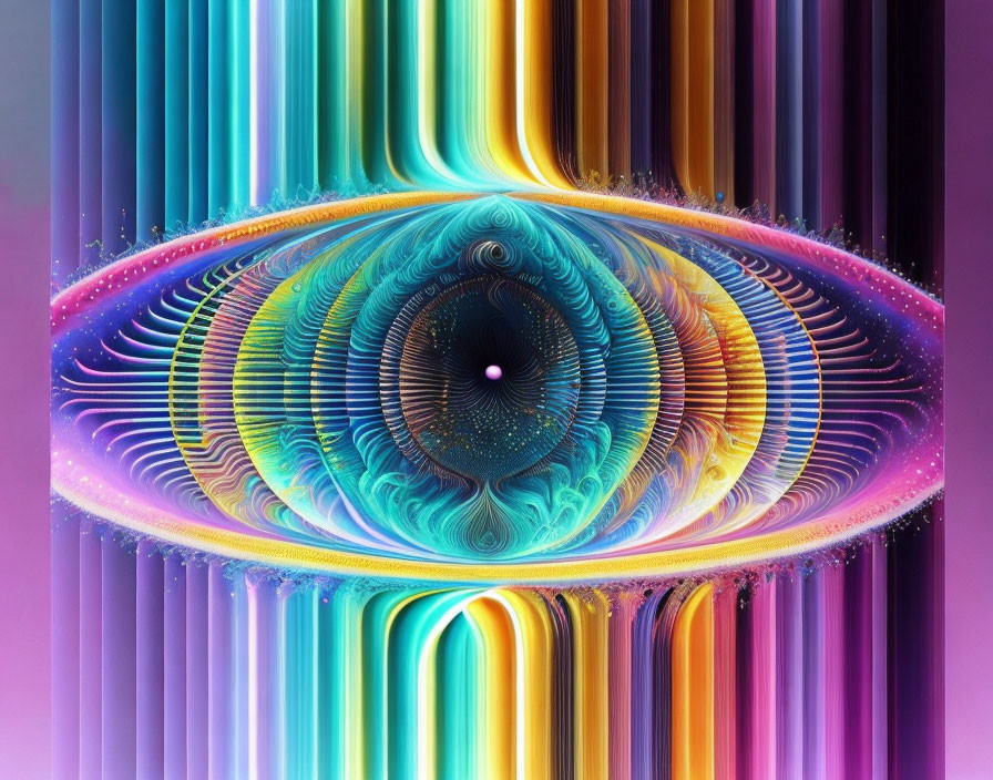 Colorful digital artwork: intricate, symmetrical eye-like pattern on pink and purple gradient.