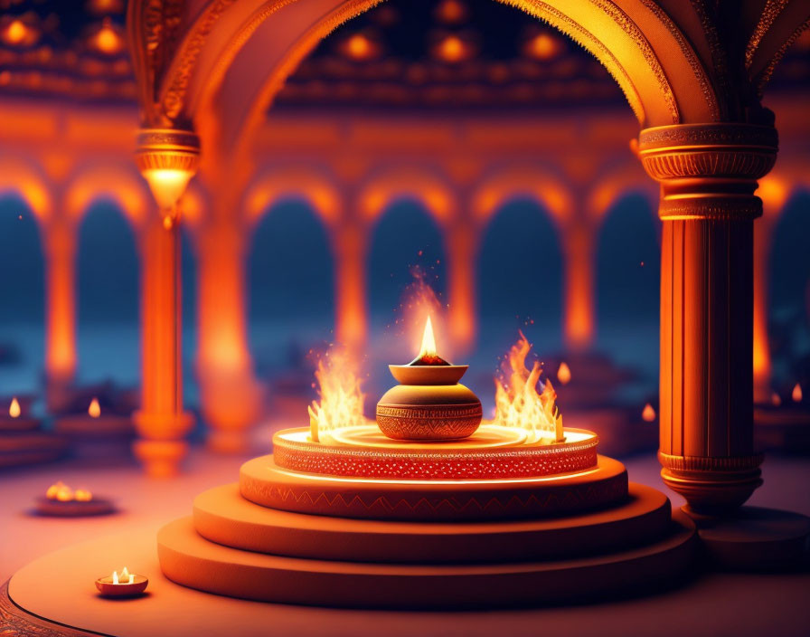 Intricate illuminated diya scene in grand hall