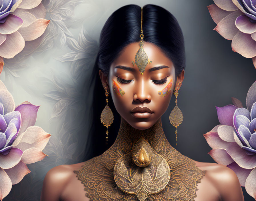 Digital portrait of a woman with gold jewelry and intricate facial adornments amidst stylized purple flowers