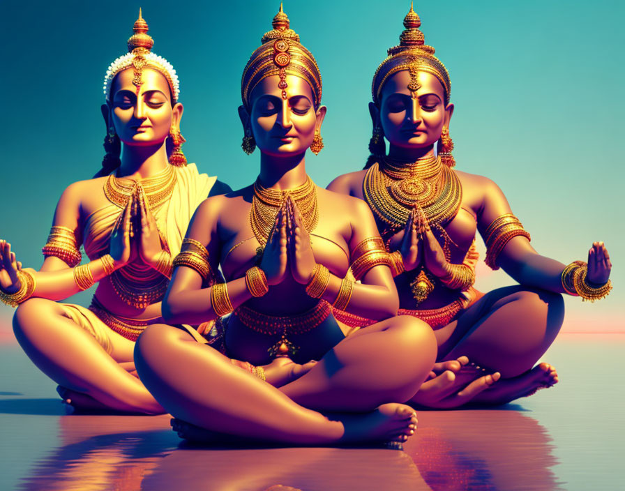 Golden statues in meditative poses with Indian adornments on blue gradient.