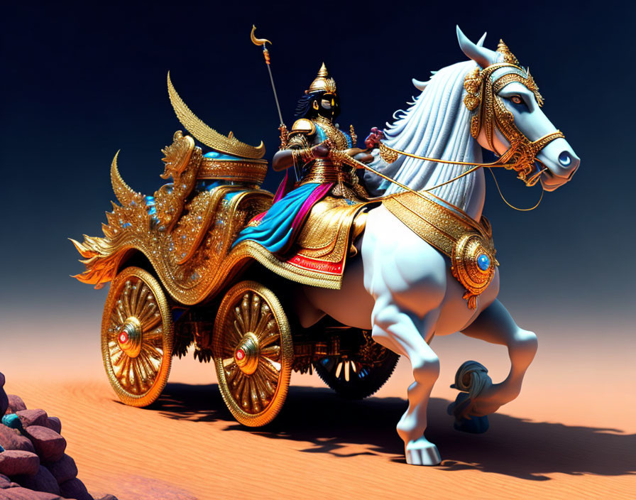 Ornate chariot with warrior and white horse in desert landscape