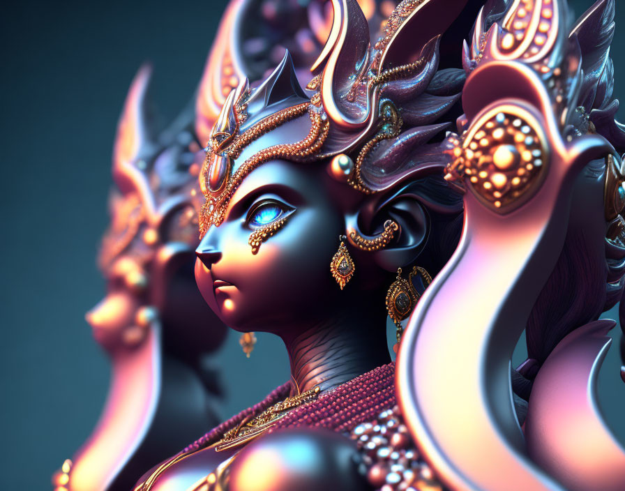 Detailed 3D illustration of a multi-armed deity in ornate gold jewelry on cool-toned