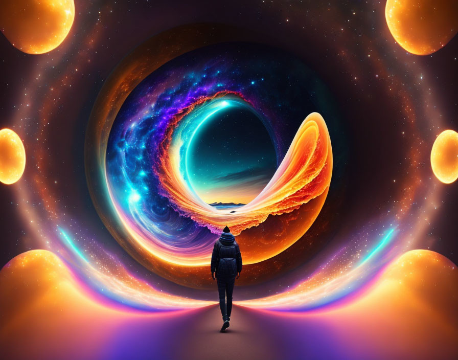 Person walking towards surreal cosmic portal with galaxies and orbs in starry background