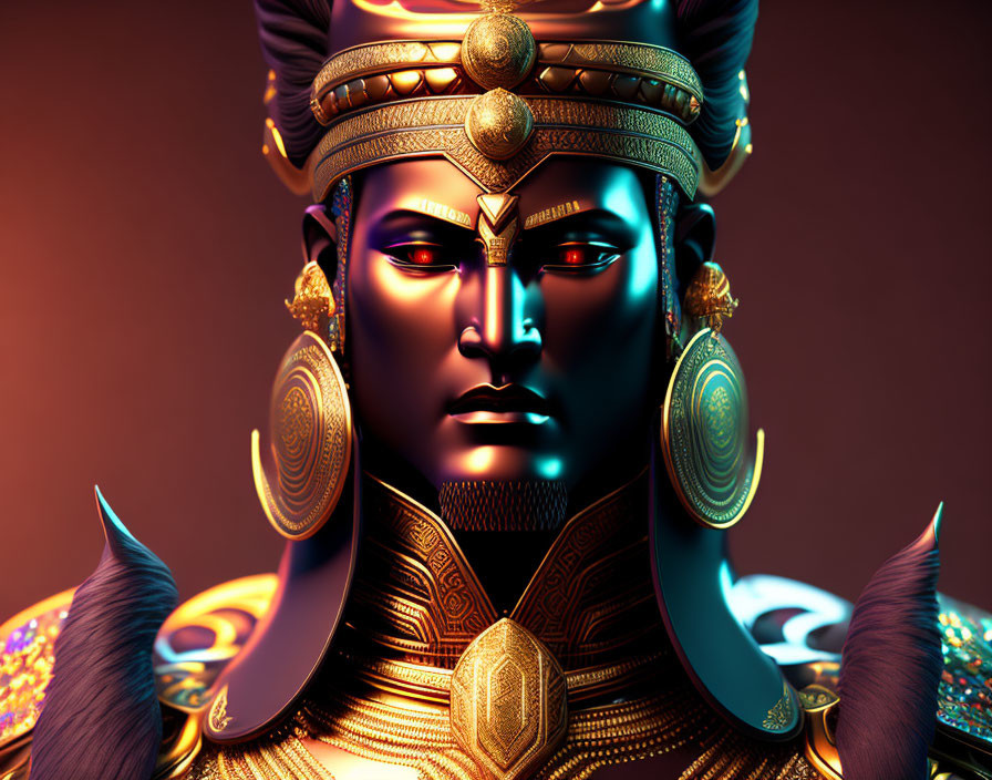 Regal figure in golden armor on dark background