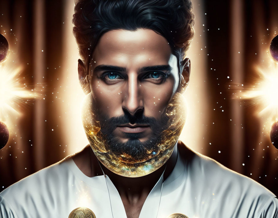 Digital Artwork: Man with Cosmic Beard and Glowing Stars on Shimmering Curtains