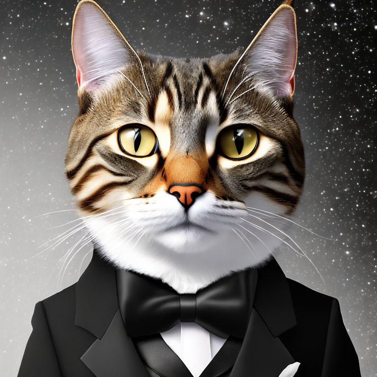 Anthropomorphic cat in black tuxedo and bow tie with yellow eyes on starry backdrop