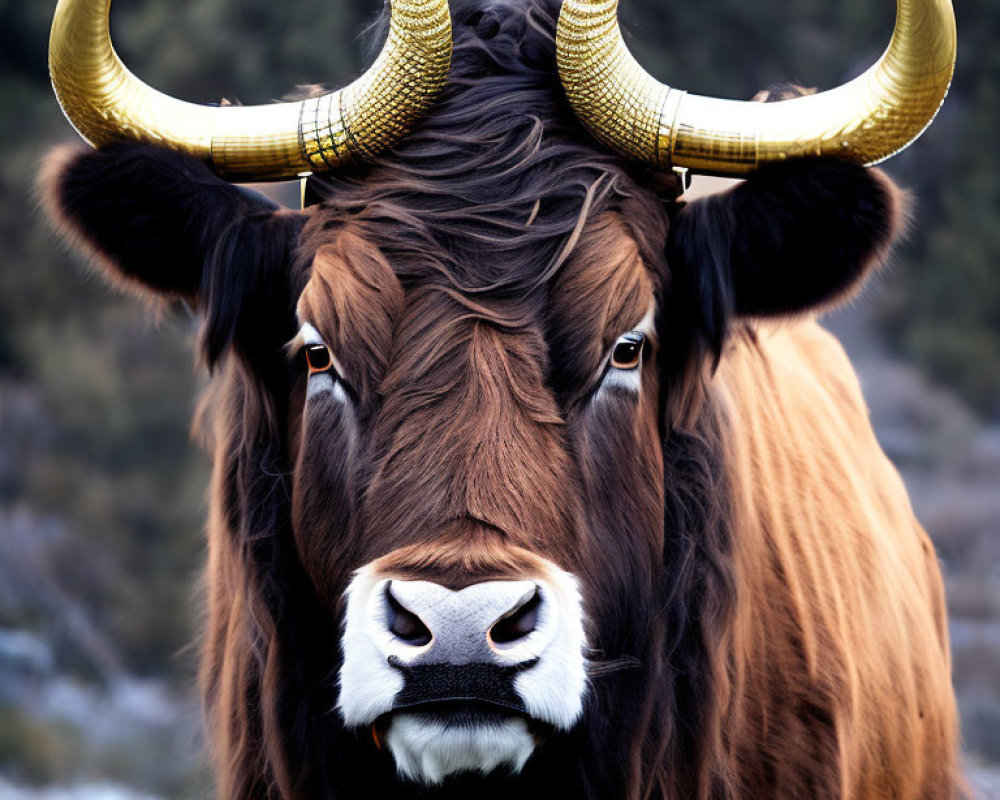 Highland cow with long, wavy brown hair and curved yellow horns in close-up view