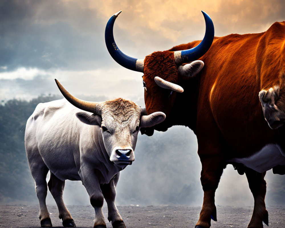 Two Bulls with Large Curved Horns in Dramatic Sky Portrait