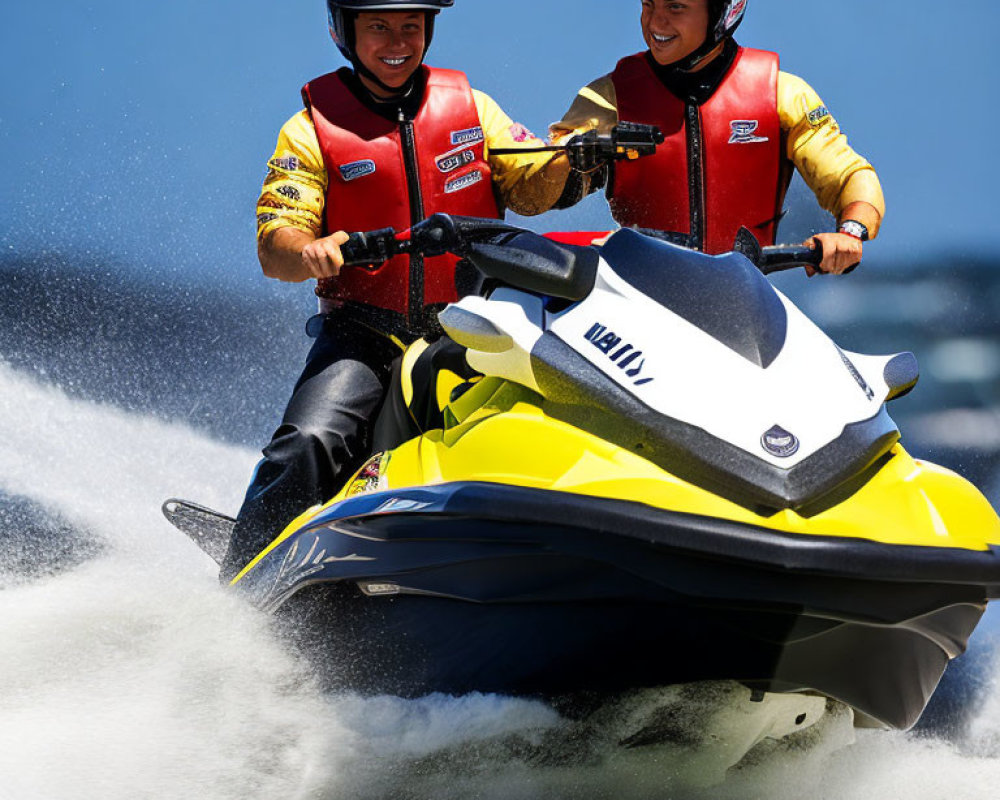 Two people on jet ski in life vests on sunny day with water splashing