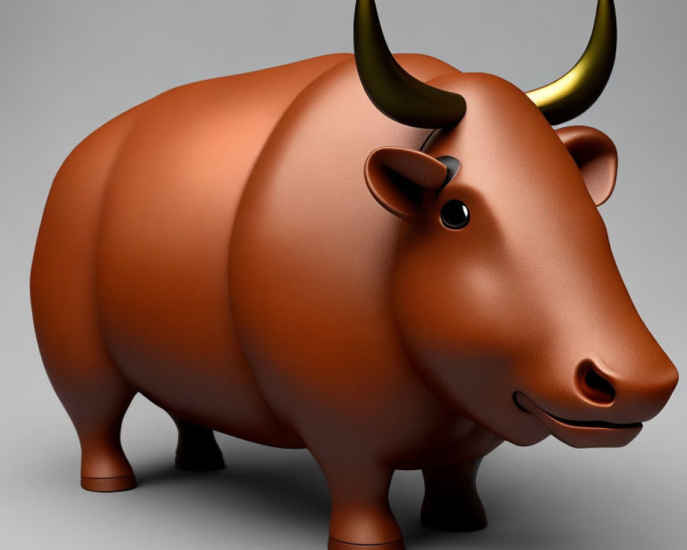 Stylized 3D illustration of plump brown ox with golden horns