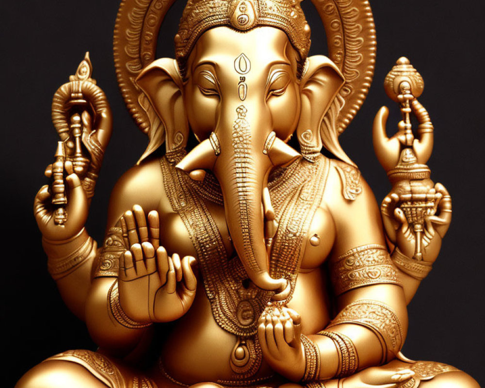 Golden Lord Ganesha Statue Seated with Four Arms