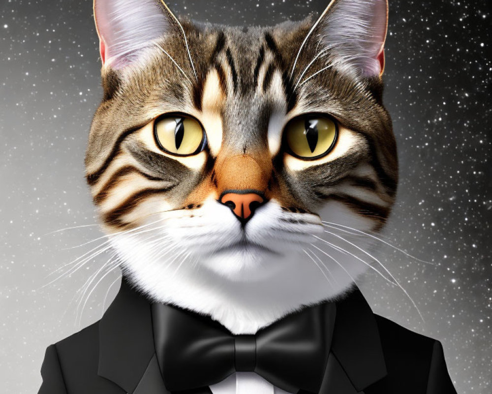 Anthropomorphic cat in black tuxedo and bow tie with yellow eyes on starry backdrop