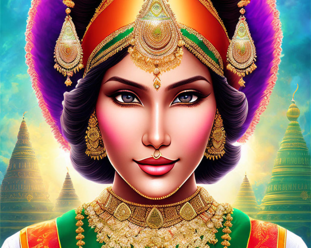 Colorful Illustration: Indian Woman in Traditional Attire with Temple Background