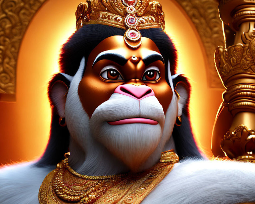 Regal anthropomorphic monkey with golden crown and jewelry on golden arched background