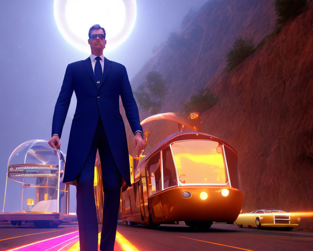 Man in suit on futuristic neon-lit road with hovering bus and vehicles under evening sky with glowing ring