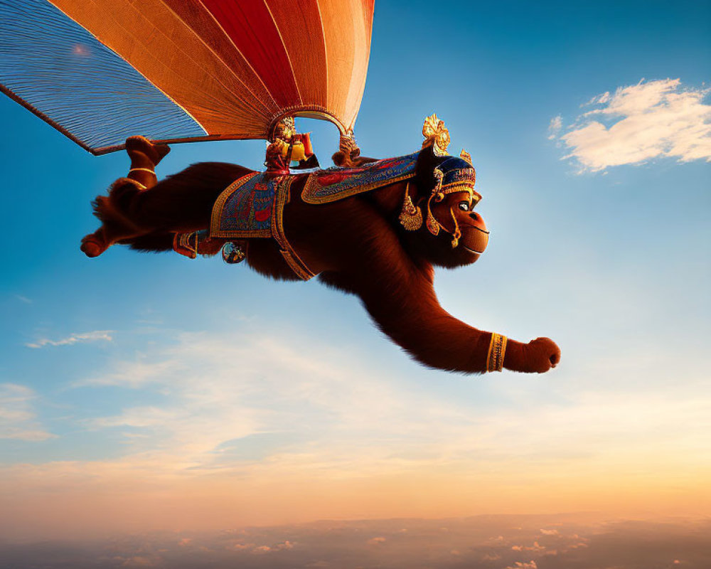 Mythical Hanuman flying with hot air balloon at sunset