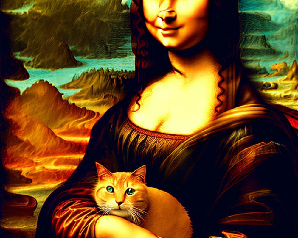 Stylized Mona Lisa with orange cat and surreal background