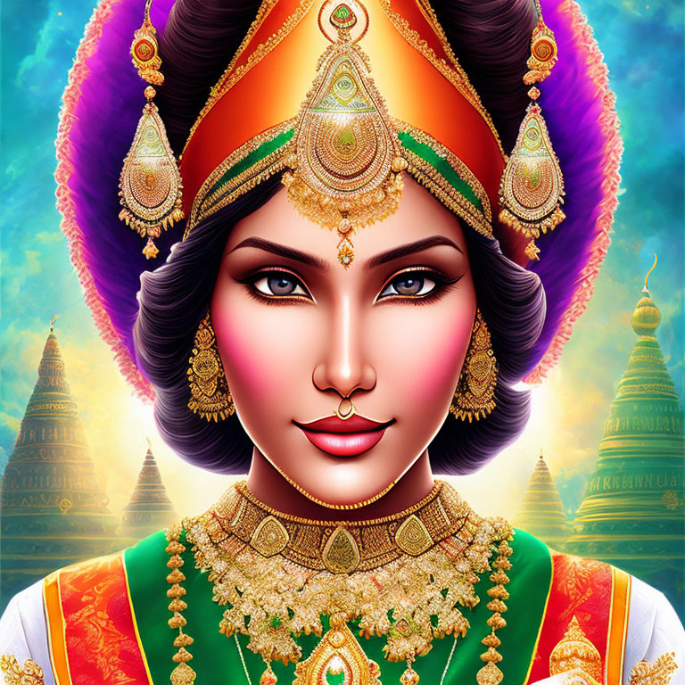 Colorful Illustration: Indian Woman in Traditional Attire with Temple Background