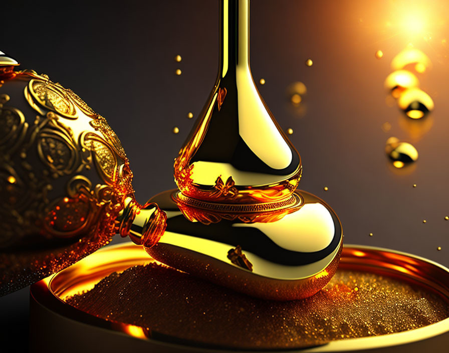 Golden ornate perfume bottle with spilled liquid on dark background.