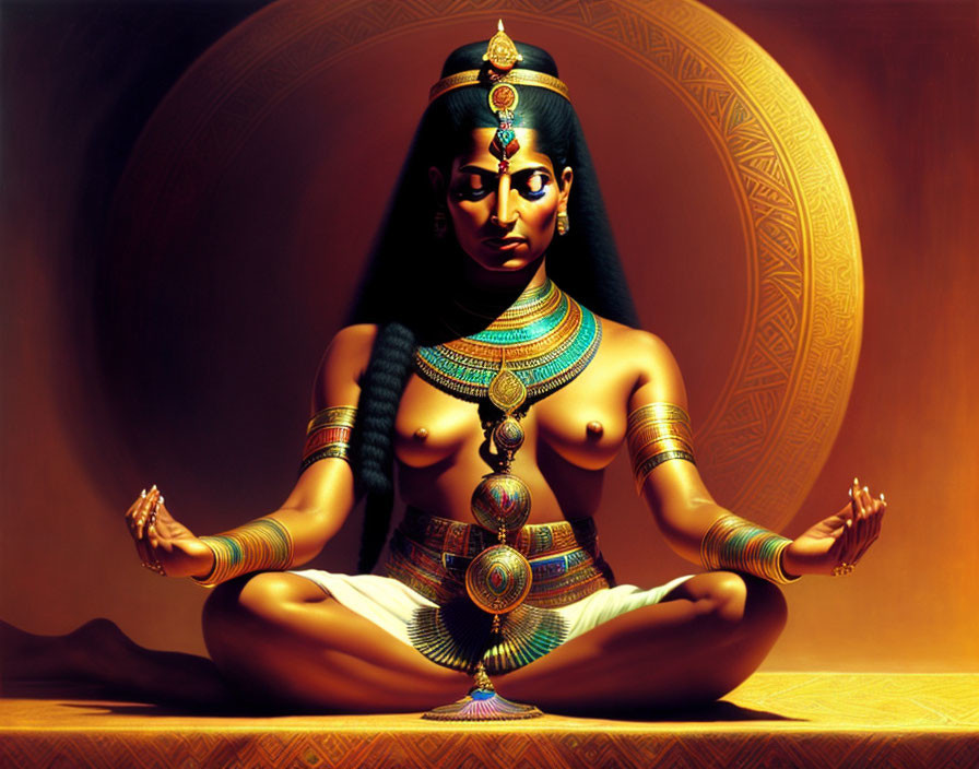 Figure in Meditation Pose with Egyptian-Style Jewelry on Amber Background