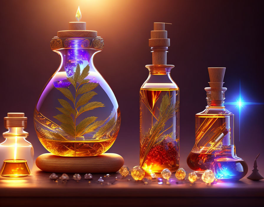 Herbal Infusion Glass Bottles with Crystals and Candle in Warm Setting