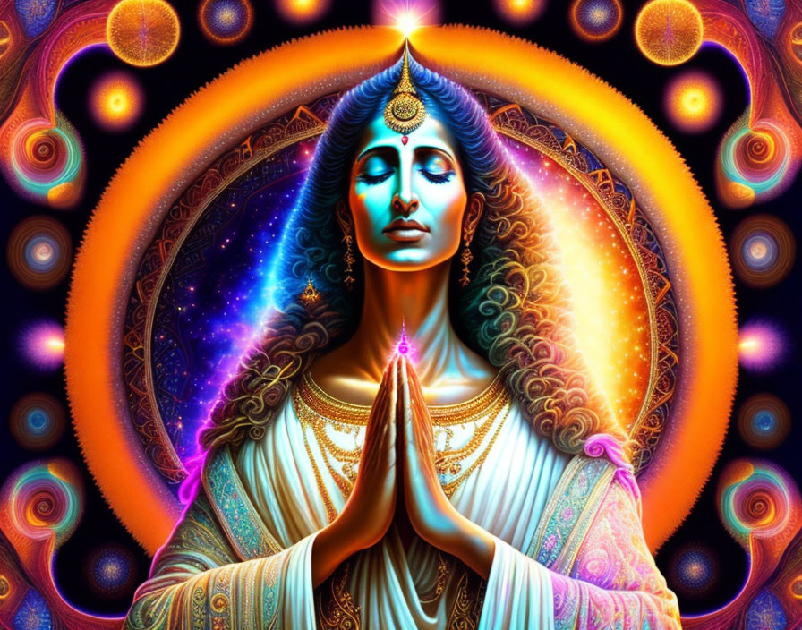 Colorful digital artwork: Meditative figure with blue skin and cosmic backgrounds.