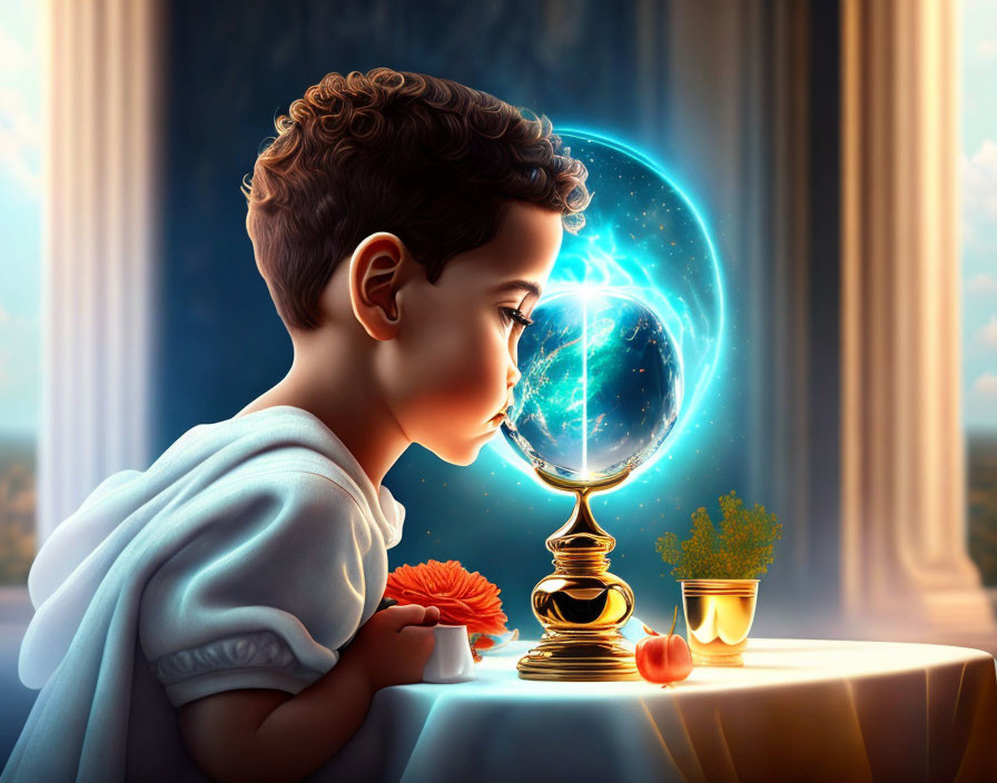 Child admires glowing galaxy orb next to flowers and cup on table by window.