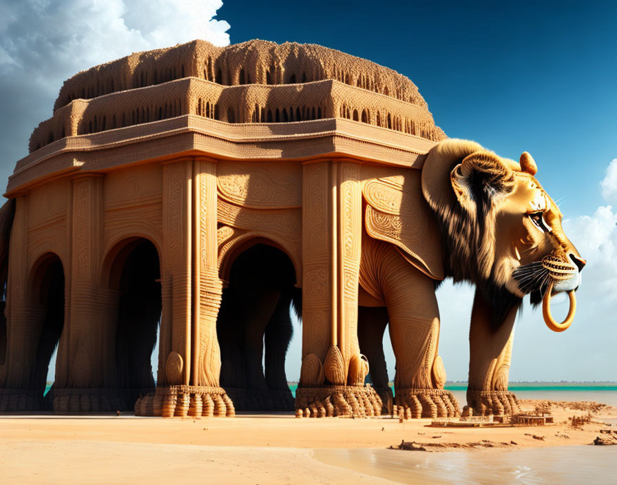 Large Lion Sculpture Integrated with Building Structure in Desert Landscape