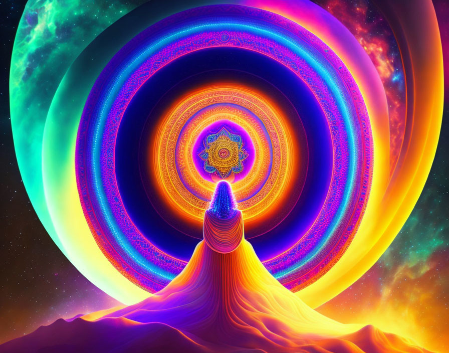 Colorful digital art: Meditating figure on mountain peak with cosmic rings