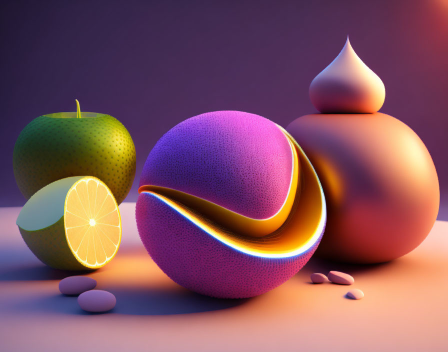 Colorful still life illustration with fruits, cream bottle, and pebbles on purple background