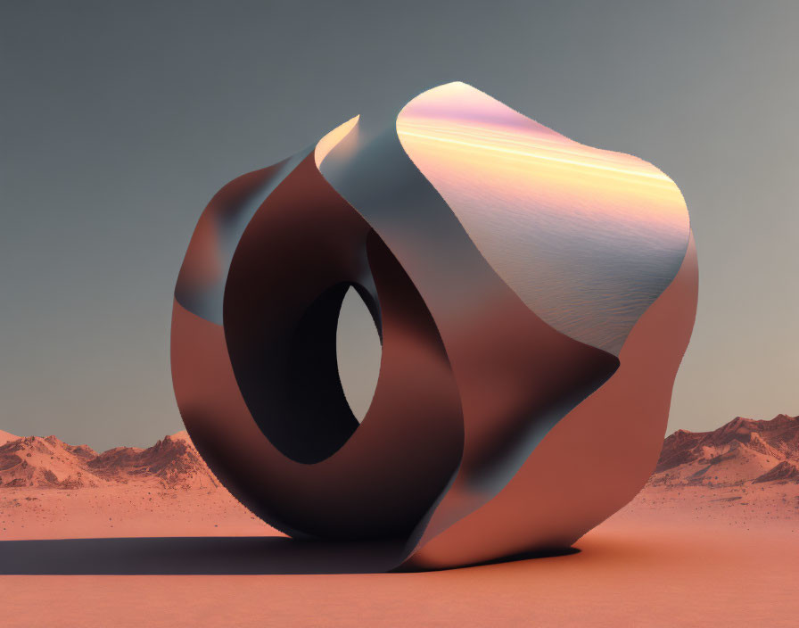 Dual-tone 3D Möbius strip sculpture in desert at dusk