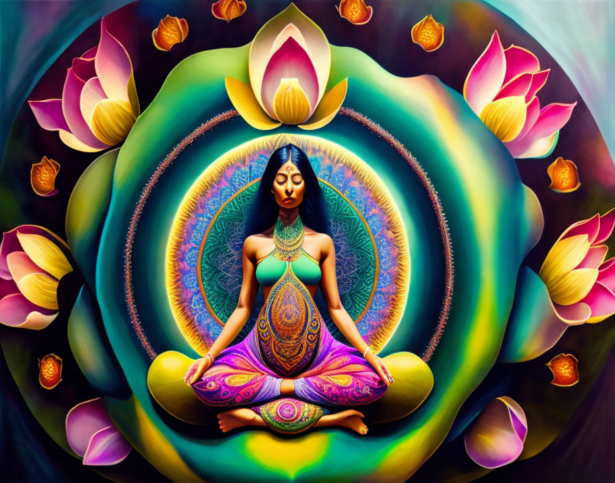 Colorful digital artwork: Woman meditating among lotus flowers & intricate patterns