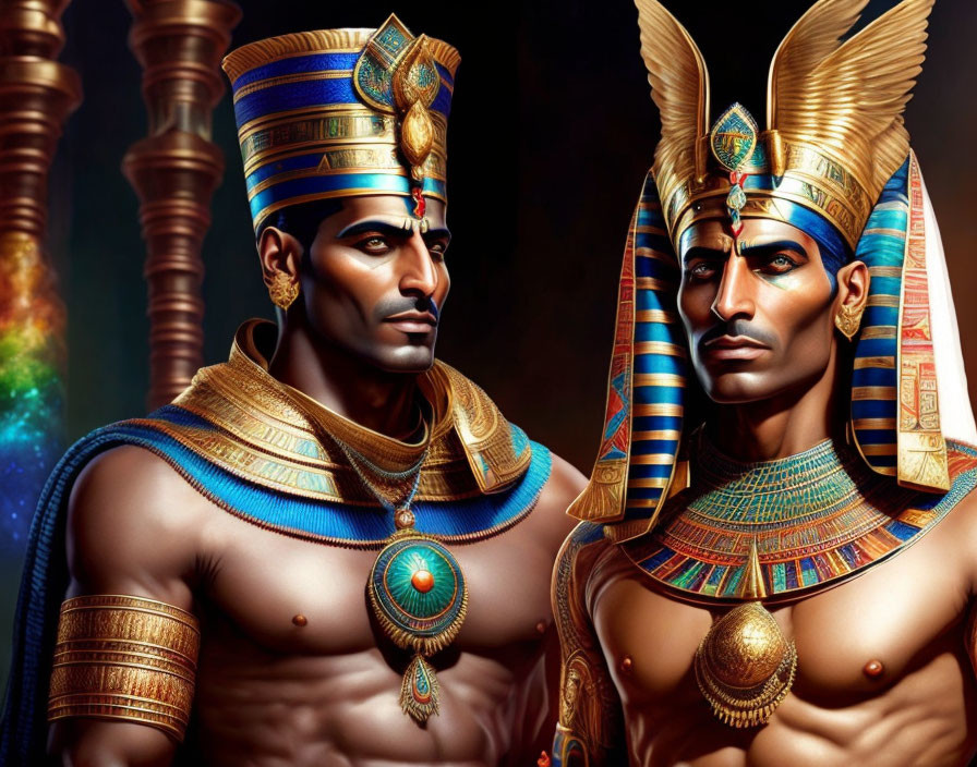 Stylized characters in ancient Egyptian royal attire with headdresses and jewelry