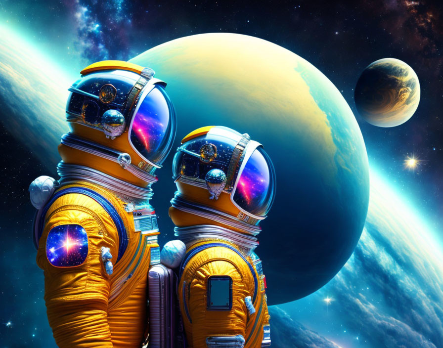 Astronauts in orange suits in vibrant cosmos with planets.