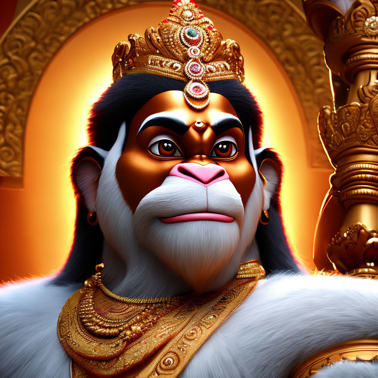 Regal anthropomorphic monkey with golden crown and jewelry on golden arched background