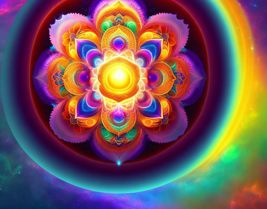 Colorful Fractal Art: Flower-Like Design with Glowing Orb